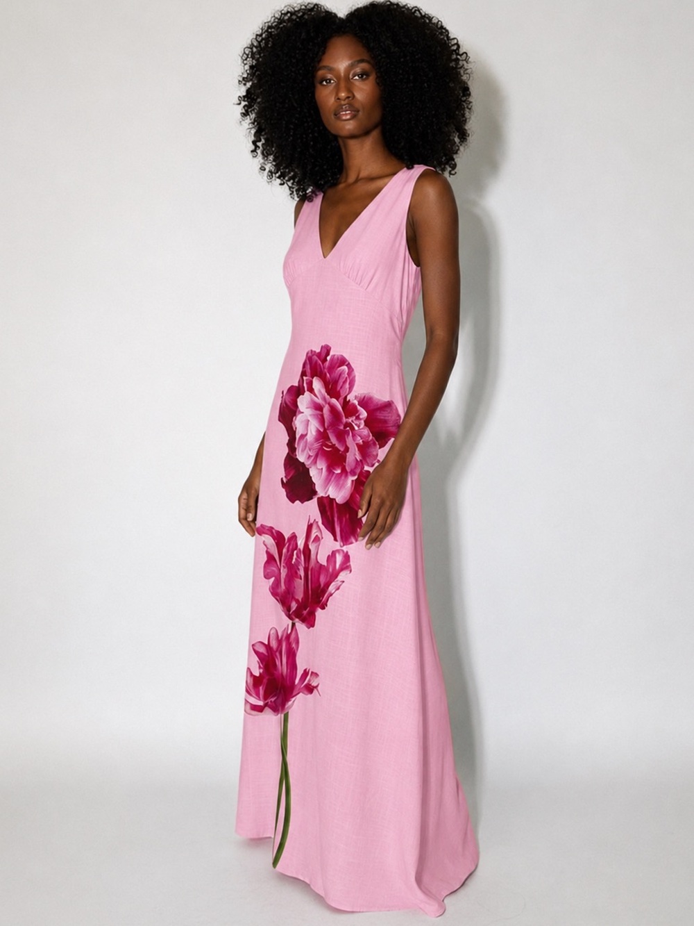 Anthropologie Paper Heart Pink Linen Blend Sleeveless Floral MIDI Dress Large - Picture 1 of 7